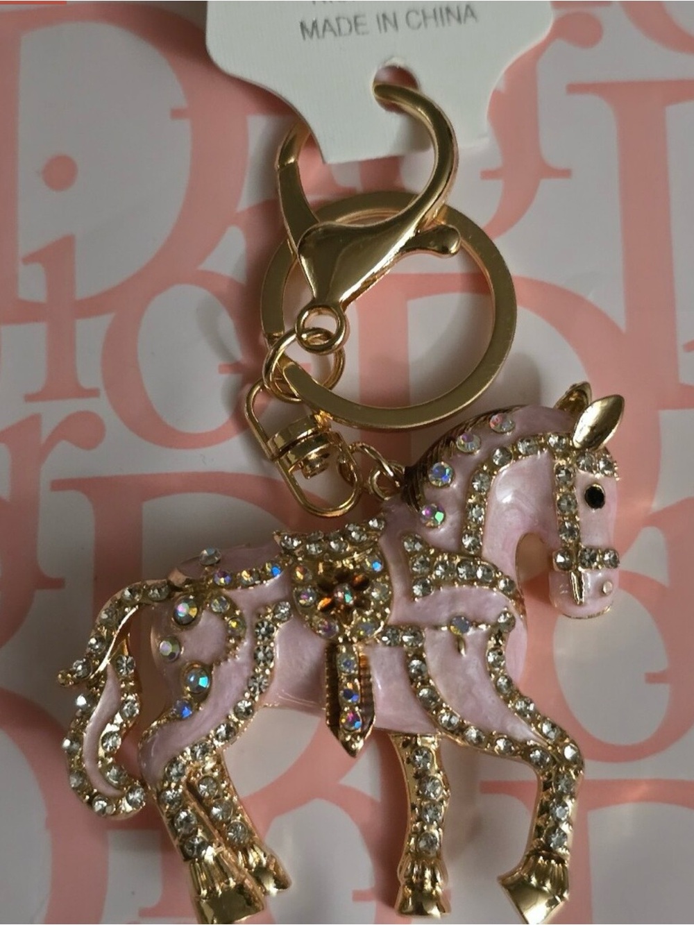 Gold & Pink Horse Crystal Bag Charm and Keychain - Fashion Accessory